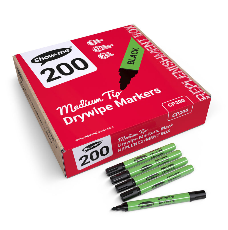 Show-me Medium Tip Slim Barrel Drywipe Markers (Black) pk 200