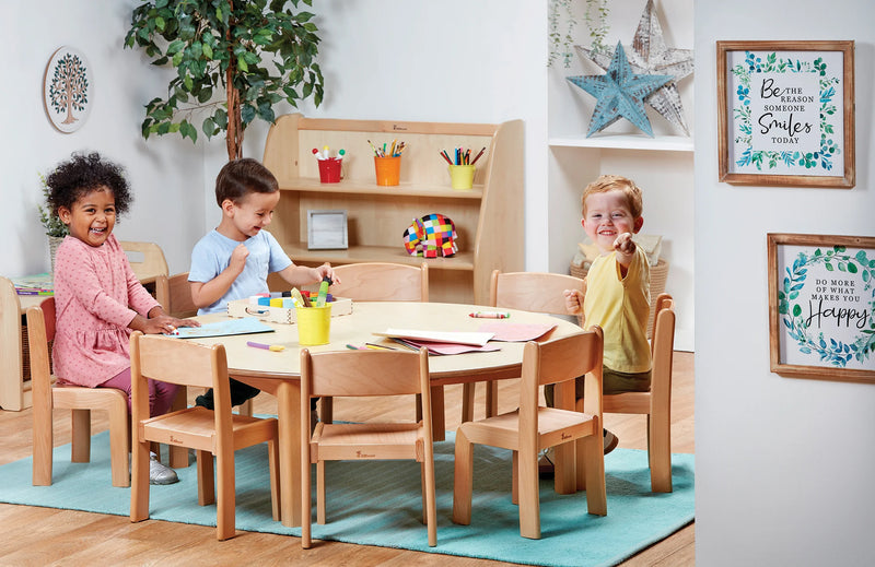 Millhouse Large Circular Table with 8 Beech Stacking Chairs